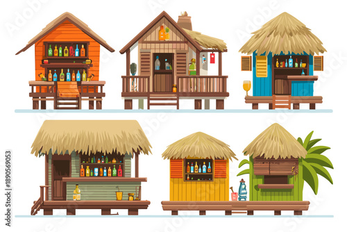 Vibrant Collection of Tropical Beach Bars and Huts in Vector Style