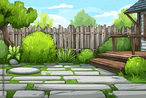 Charming Outdoor Landscape with Stone Pathway and Lush Greenery