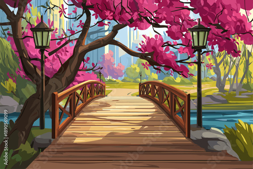 Scenic Bridge Surrounded by Pink Blossoms in a Tranquil Park Setting