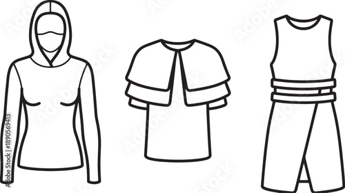 Fashion clothing collection including hooded sweatshirt layered cape top and long dress