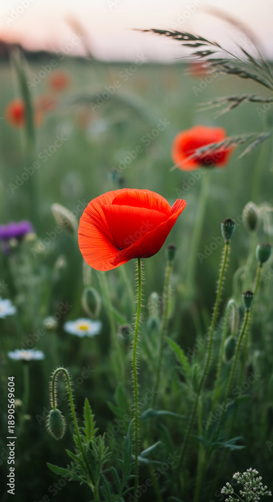 Obraz premium Close-up of vibrant red poppy flower in field, showcasing delicate petals, symbolizing remembrance, tranquility, and natural beauty in meadow