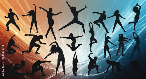 Silhouettes of diverse people engaged in various dance and yoga poses against a vibrant, abstract background