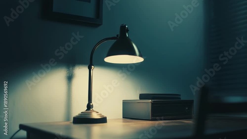 Desk lamp providing illumination on a quiet wooden workspace with a small box and chair back, creating a mood of solitude and concentration in the dimly lit room