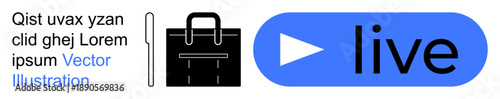 Online streaming, work tools, digital media, business communication, live broadcasts, professional services. A black briefcase icon and a blue play button with live text. Online streaming and work