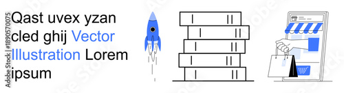 Business innovation, e-commerce, data management, startup growth, retail stores, digital technology. Rocket launching, server stacks and a storefront with shopping bags. Startup growth