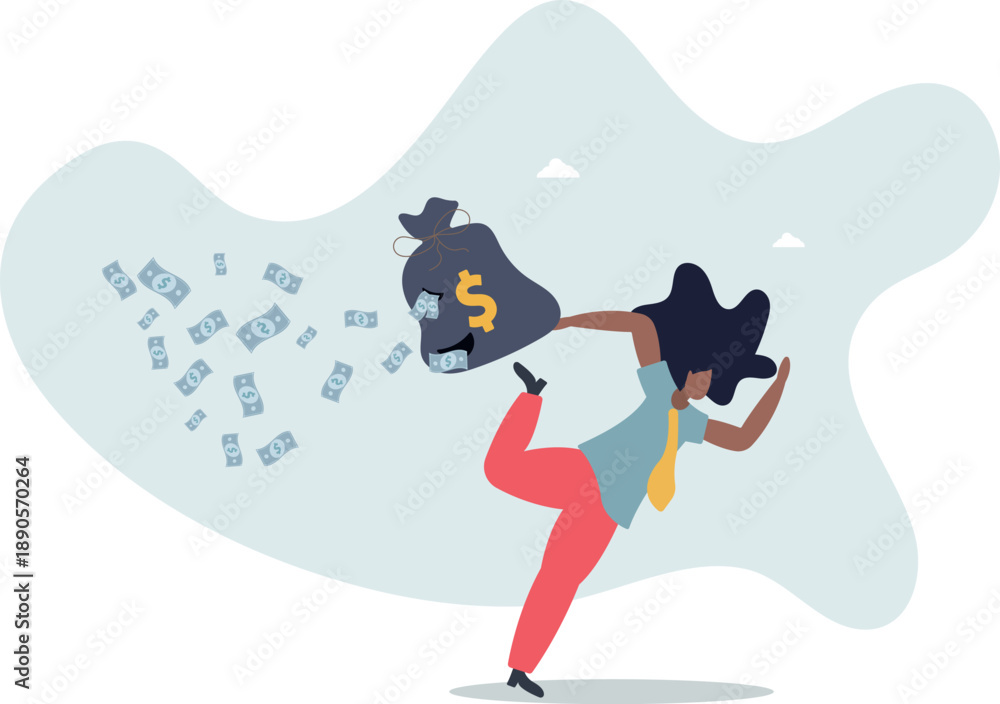Fototapeta premium A businesswoman runs with a bag of money from which it falls out.