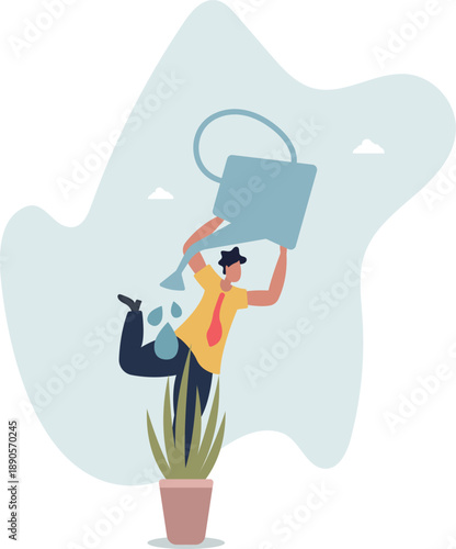 A businessman waters himself. The concept of personal growth.