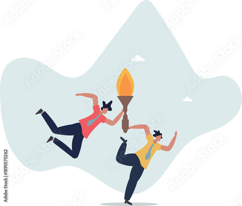 Passing the torch with fire from one business person to another.