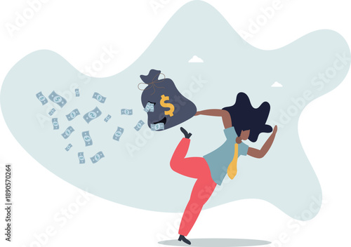 A businesswoman runs with a bag of money from which it falls out.