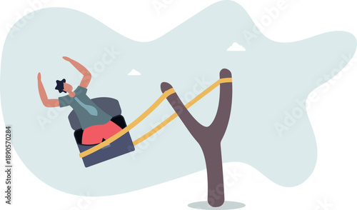 A businessman launches himself with a slingshot. The concept of acceleration in career growth.