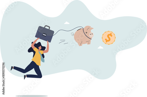 A piggy bank on a leash chases a coin.The concept of income and savings.