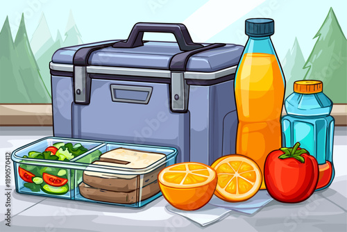 Colorful Lunchbox with Healthy Snacks and Beverages in Nature Setting