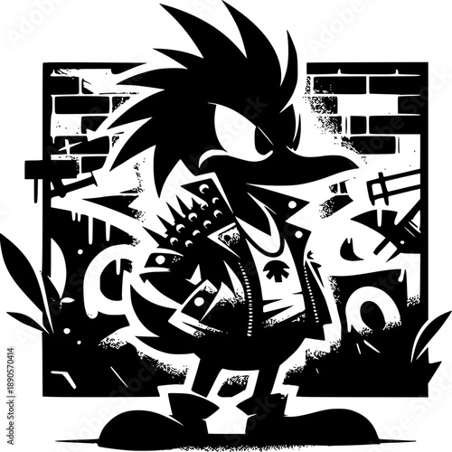 Rebellious Duck's Punk Rock Spirit: A striking silhouette of a punk rock duck stands defiant against a backdrop of graffiti-covered walls. Its spiky hair and leather jacket express attitude.