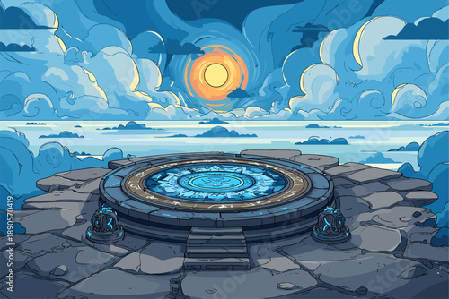 Fantasy Sky Platform with Mystical Sun and Cloudy Landscape