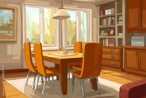 Cozy Modern Dining Room with Bright Lighting and Stylish Furniture