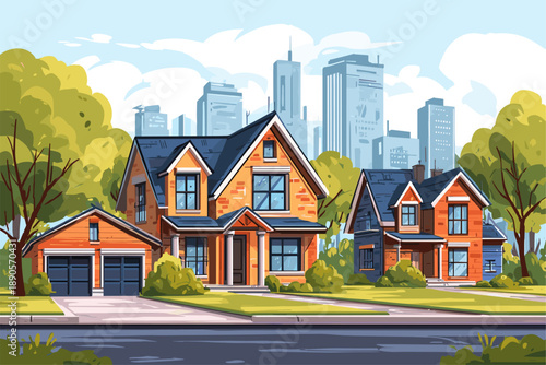 Charming Residential Neighborhood with Modern Skyscrapers in Background