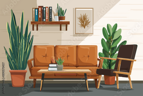 Stylish Living Room with Green Plants and Cozy Furniture