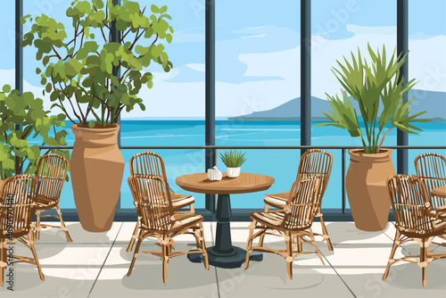 Cozy Coastal Cafe Interior with Panoramic Ocean View and Stylish Seating
