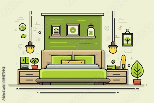 Cozy Green Bedroom Illustration Featuring Minimalist Design Elements