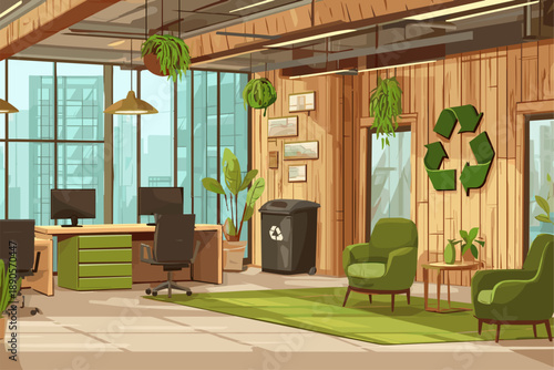 Modern Eco-Friendly Office Space with Greenery and Recycled Elements