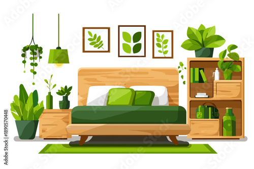 Stylish Green-Themed Bedroom with Indoor Plants and Natural Decor