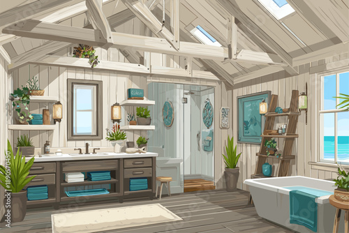 Charming Coastal Bathroom Interior Design with Natural Light and Plants