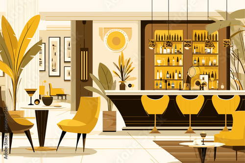 Modern Minimalist Bar Interior with Yellow Accents and Tropical Plants