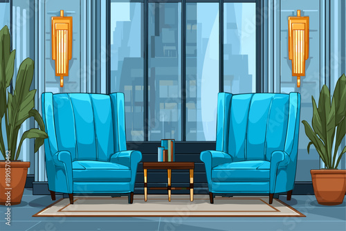 Modern Stylish Living Room with Blue Armchairs and Indoor Plants