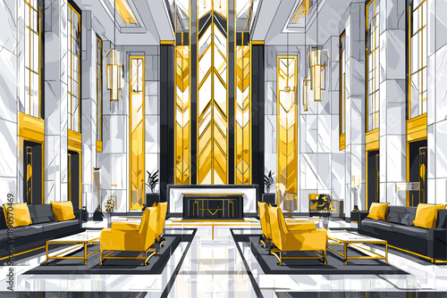 Elegant Modern Lobby Interior Design with Gold Accents and Stylish Furnishings