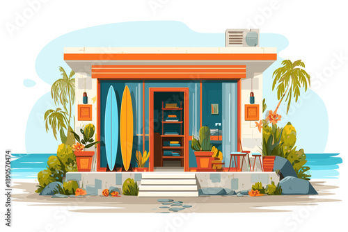 Charming Beachfront Surf Shack with Vibrant Plants and Surfboards