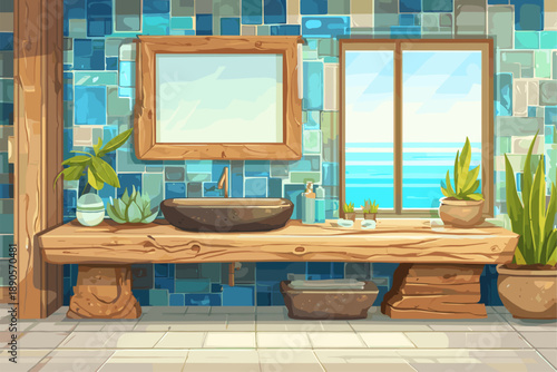 Modern Beach House Bathroom with Natural Elements and Ocean View
