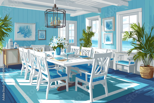 Bright Coastal Dining Room with Blue Accents and Natural Light
