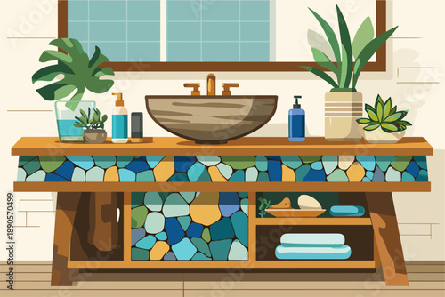 Stylish Bathroom Vanity with Colorful Mosaic Design and Natural Decor