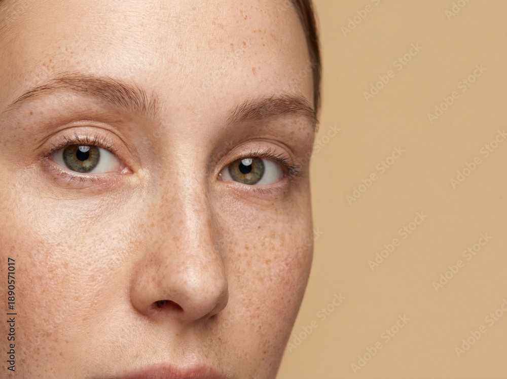 Obraz premium A close-up portrait of a woman with freckles and green eyes against a beige background.