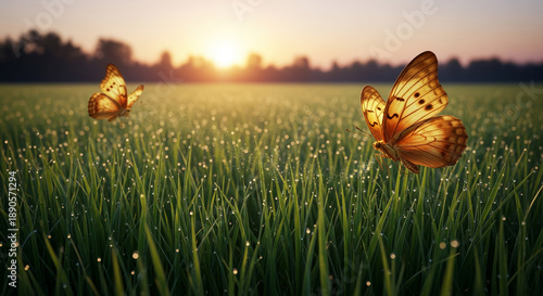 A butterfly with patterned orange wings sits on dewy green grass with sunlit background, representing nature's beauty and the beginning of a new day