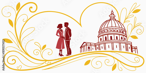 A couple and a domed building are featured in this romantic vector illustration, vector