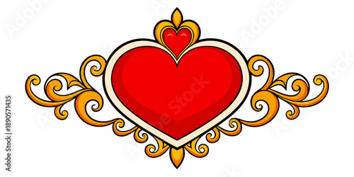 Ornate Red Heart with Golden Scrollwork, vector
