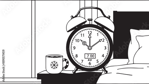 Black and White Bedroom Scene Featuring Alarm Clock and Nightstand.
