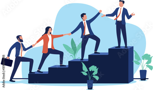 Business team or businesspeople climbing a staircase to success, helping each other to reach their professional goals, teamwork concept in modern flat design vector illustration