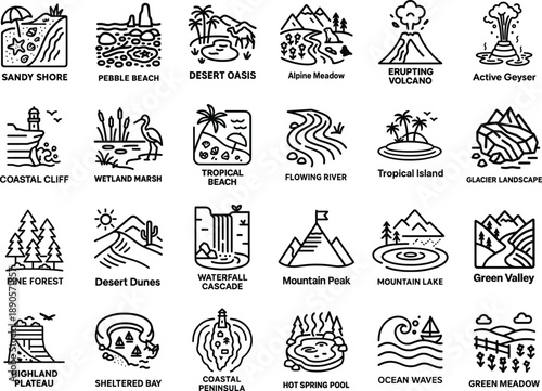 Diverse Nature Landscape Icons: Sandy Shore to Active Geyser, illustrating various geographical and environmental scenes in a clean, modern style