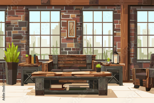 Cozy Industrial Living Room Interior with Rustic Furniture and Natural Light