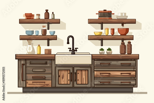 Stylish Vintage Kitchen Interior with Open Shelves and Farmhouse Sink