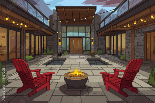 Stylish Outdoor Patio with Fire Pit and Lounge Chairs at Dusk