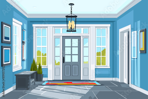 Modern Bright Entryway with Blue Walls and Stylish Decor