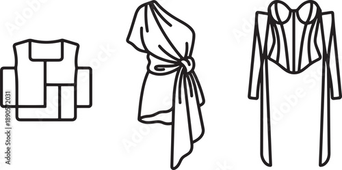 Set of three fashion design elements including a boxy top a draped one-shoulder top and a dress