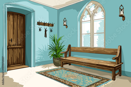Elegant Entrance Hall Design Featuring a Wooden Bench and Decorative Elements