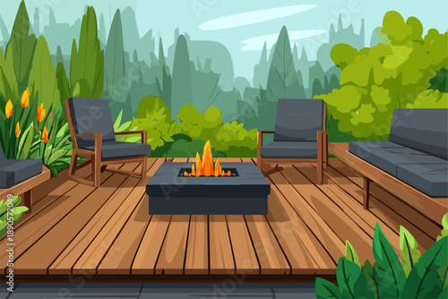 Cozy Outdoor Living Area with Fire Pit Surrounded by Lush Greenery