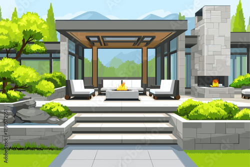 Modern Outdoor Living Space with Cozy Fire Pit and Beautiful Garden