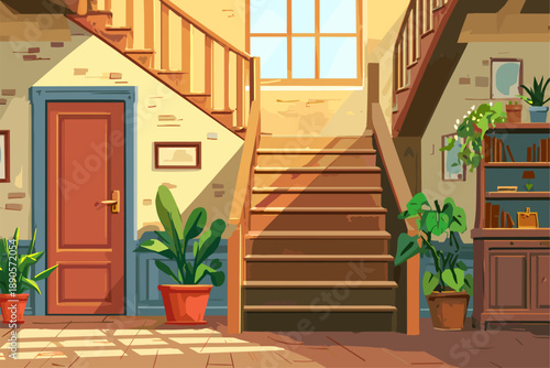 Bright and Welcoming Interior Scene with Stairs and Decorative Plants