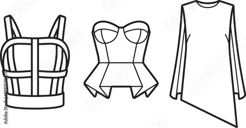 Set of three fashion design elements including a ribbed top a corset and an asymmetric top